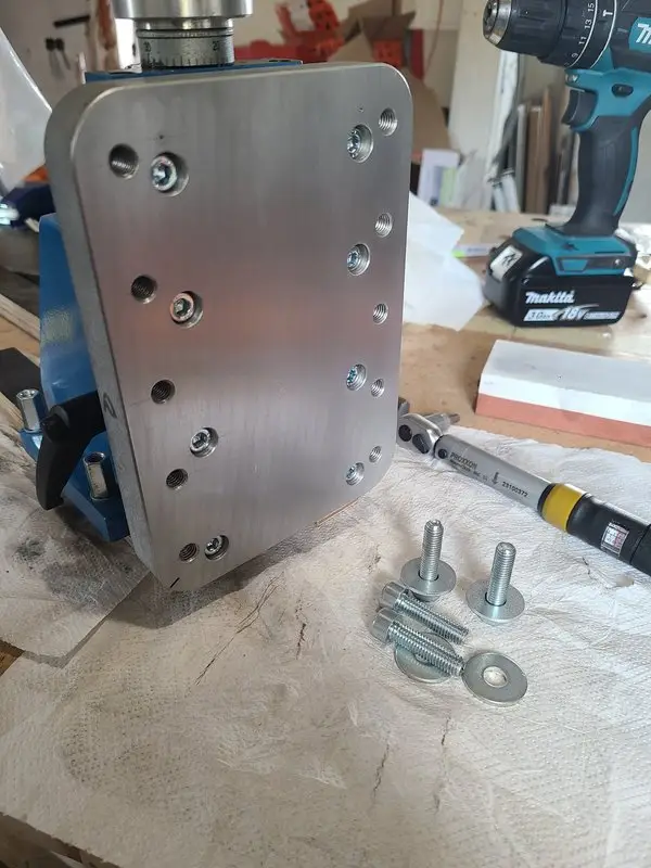 Emcomat lathe vertical milling slide with finished aluminum adapter plate with holes, M8 threads, and mounting screws